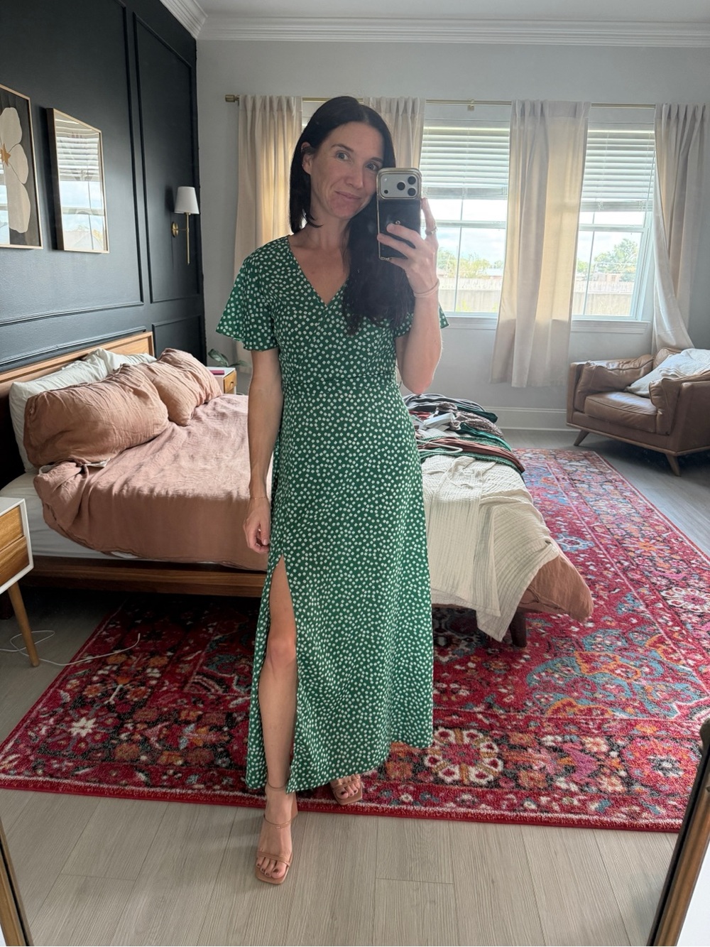 Green Floral Midi Dress with Slit